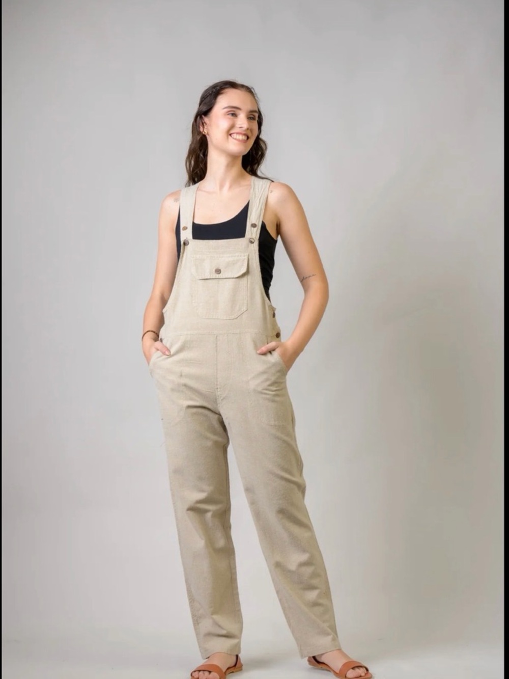 Beige Corduroy Overalls Jumpsuit - Women's Relaxed Fit